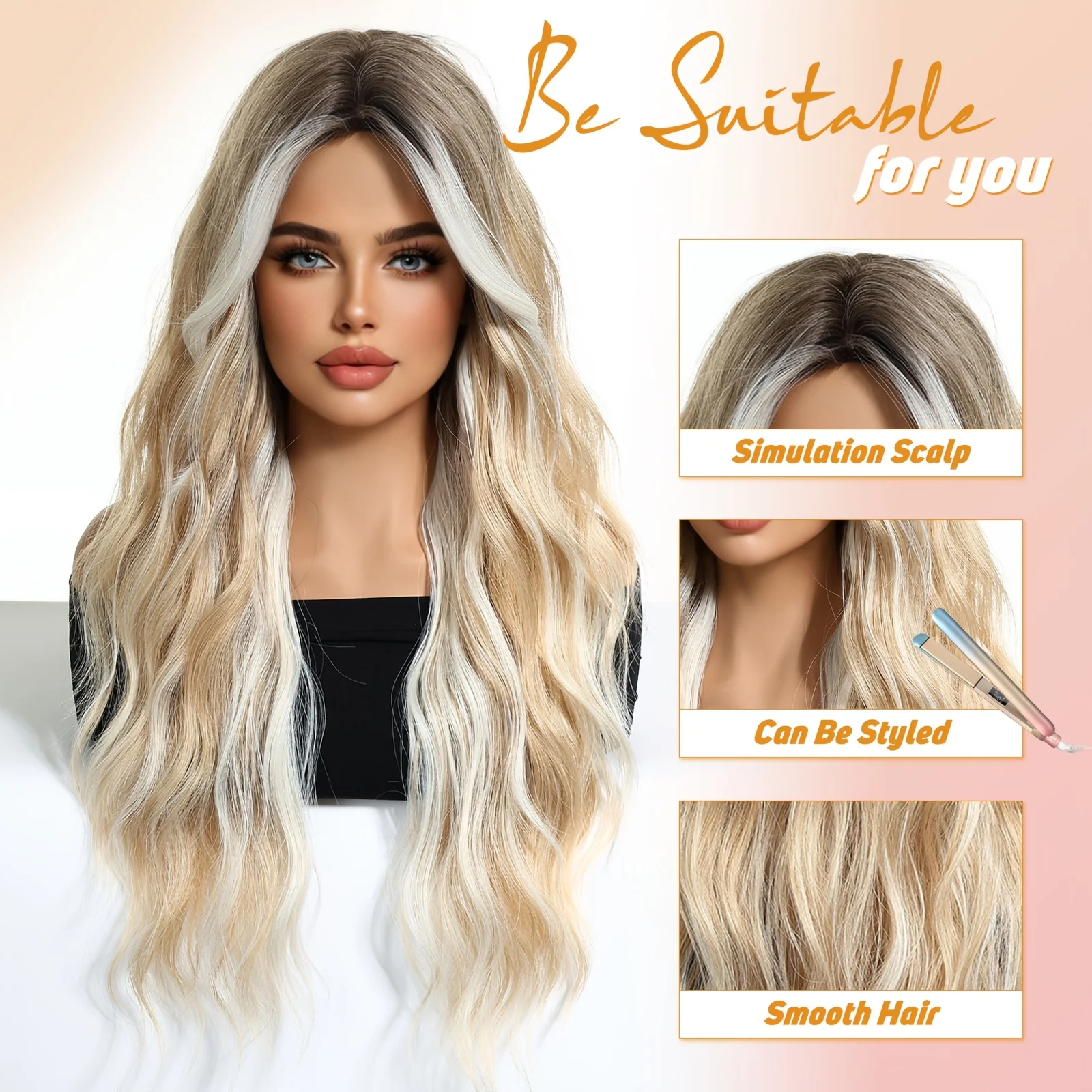 26-inch Platinum Blonde Women's Curly Wig with Trim, Suitable for Daily Commuting, Parties, Music Festivals and Other Occasions