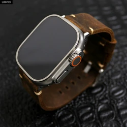 URVOI Band for Apple Watch Ultra series 8 7 6 SE 54 Vintage Crazy Horse Fine Leather strap for iWatch Pin buckle V stitches 49mm