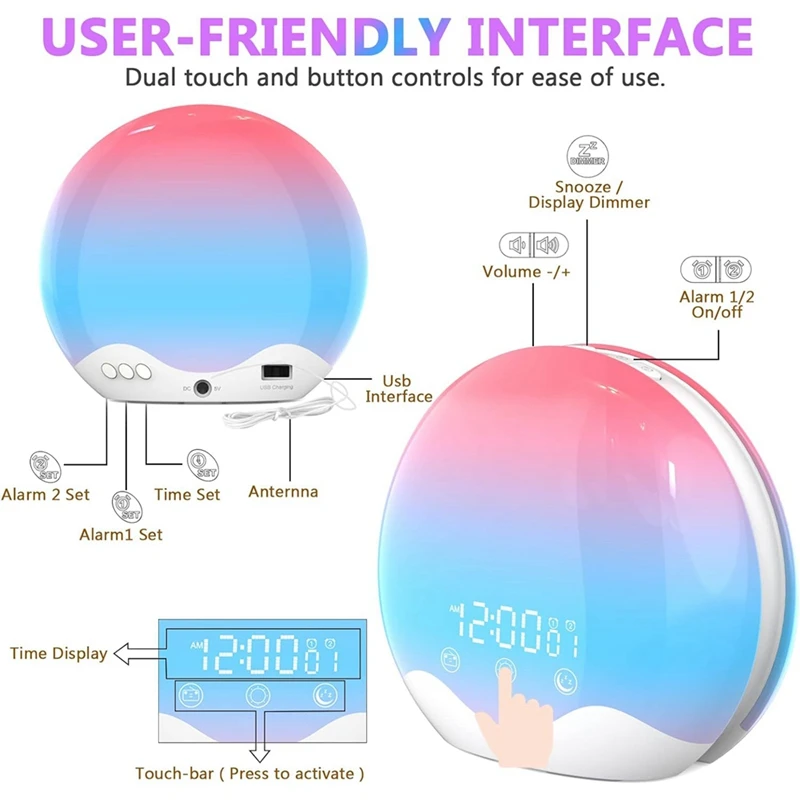 Sunrise Alarm Clock Wake Up Light With Touch Control,Dual-Sided Light Alarm Clock For Bedroom,Dual Alarm & Snooze Easy To Use