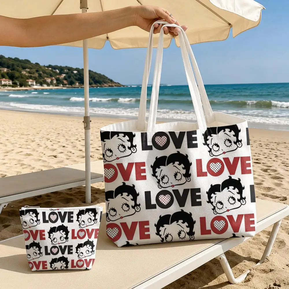 Cartoon B-Betty B-Boop Storage Bags 2-Piece Set Double-Sided Printed Canvas Tote Bags with Zipper Shopping Shoulder Handbags