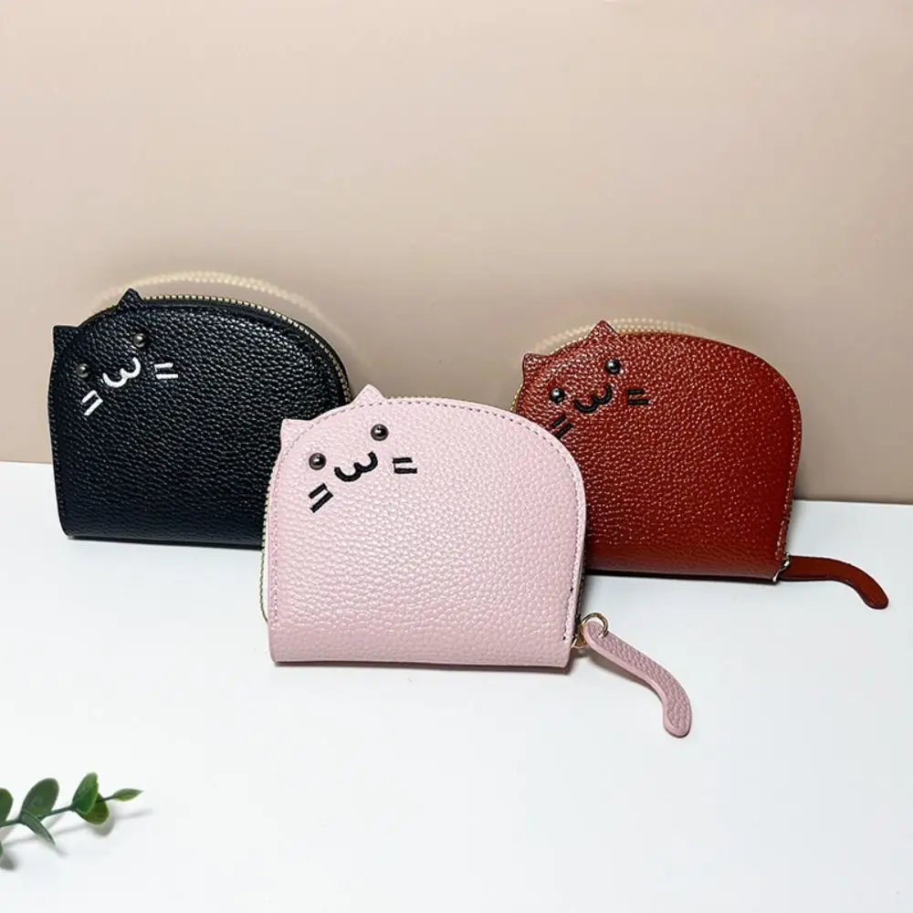 PU Leather Mini Card Wallet Cute Solid Color Cartoon Cat Business Card Case Anti-degaussing Coin Key Storage Bag Women