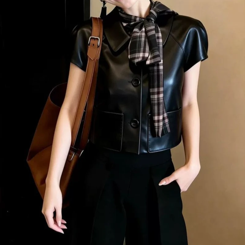 PU Leather Short-sleeved Jacket 2026 Spring New Black Top for Women, Loose, Slim, Versatile and Comfortable Inner Wear