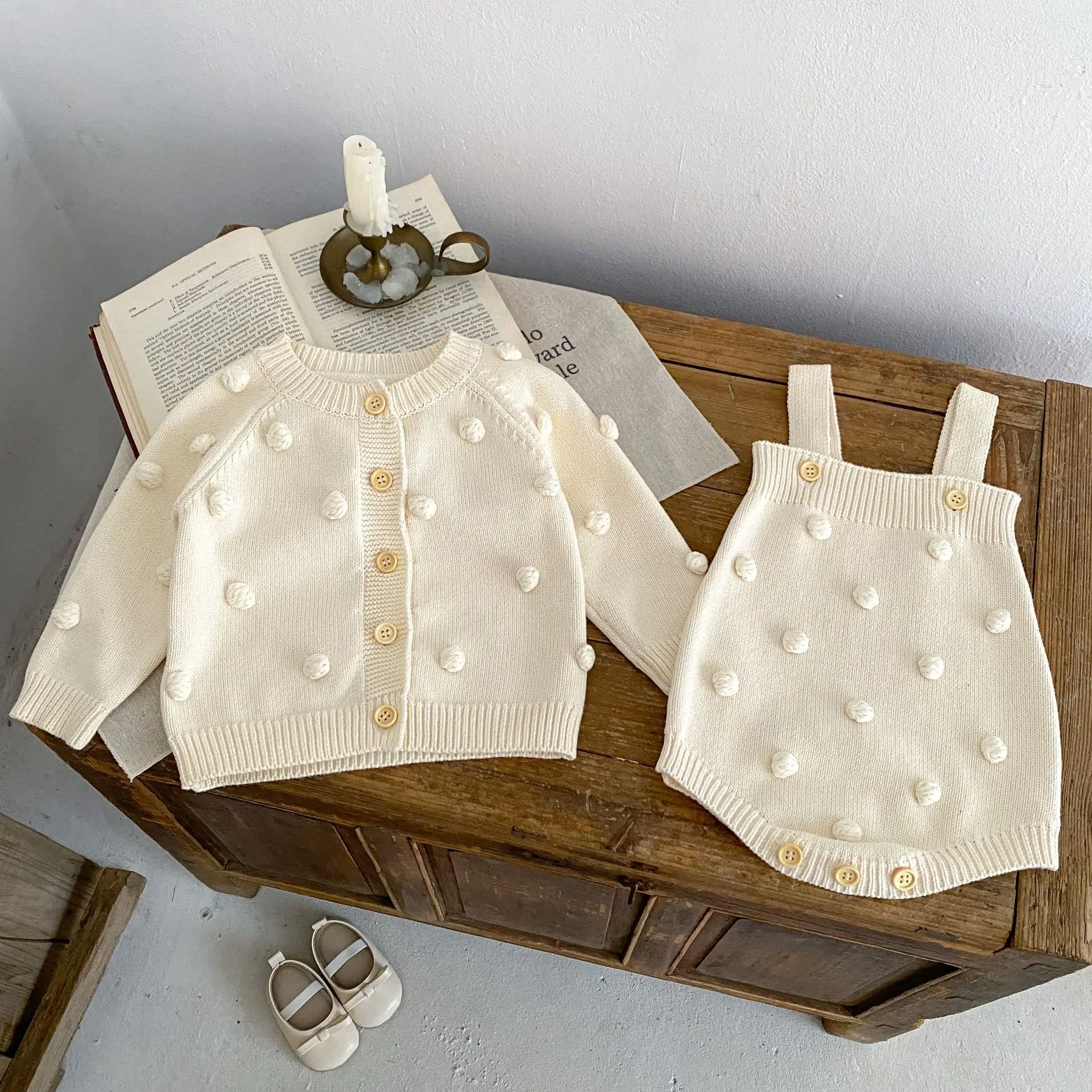 Popcorn Knit Baby Sweater Toddler Solid Color White Red Cable Pompoms Soft Cardigan Romper