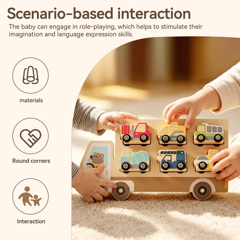 0-3 Jahre Auto-Spielzeug Holz-Baufahrzeug-Set Montessori Formen-Zuordnungspuzzle mit 6 Stück Baufahrzeuge Lernspielzeug – Detail 17