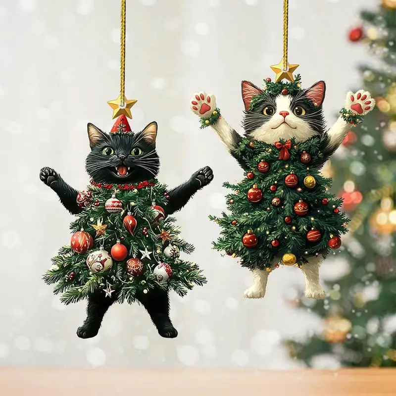 Ornamentos de árvore de natal de gato 2d acrílico bonito gato pendurado ornamentos retrovisor mochila acessórios fontes de festa presentes de ano novo