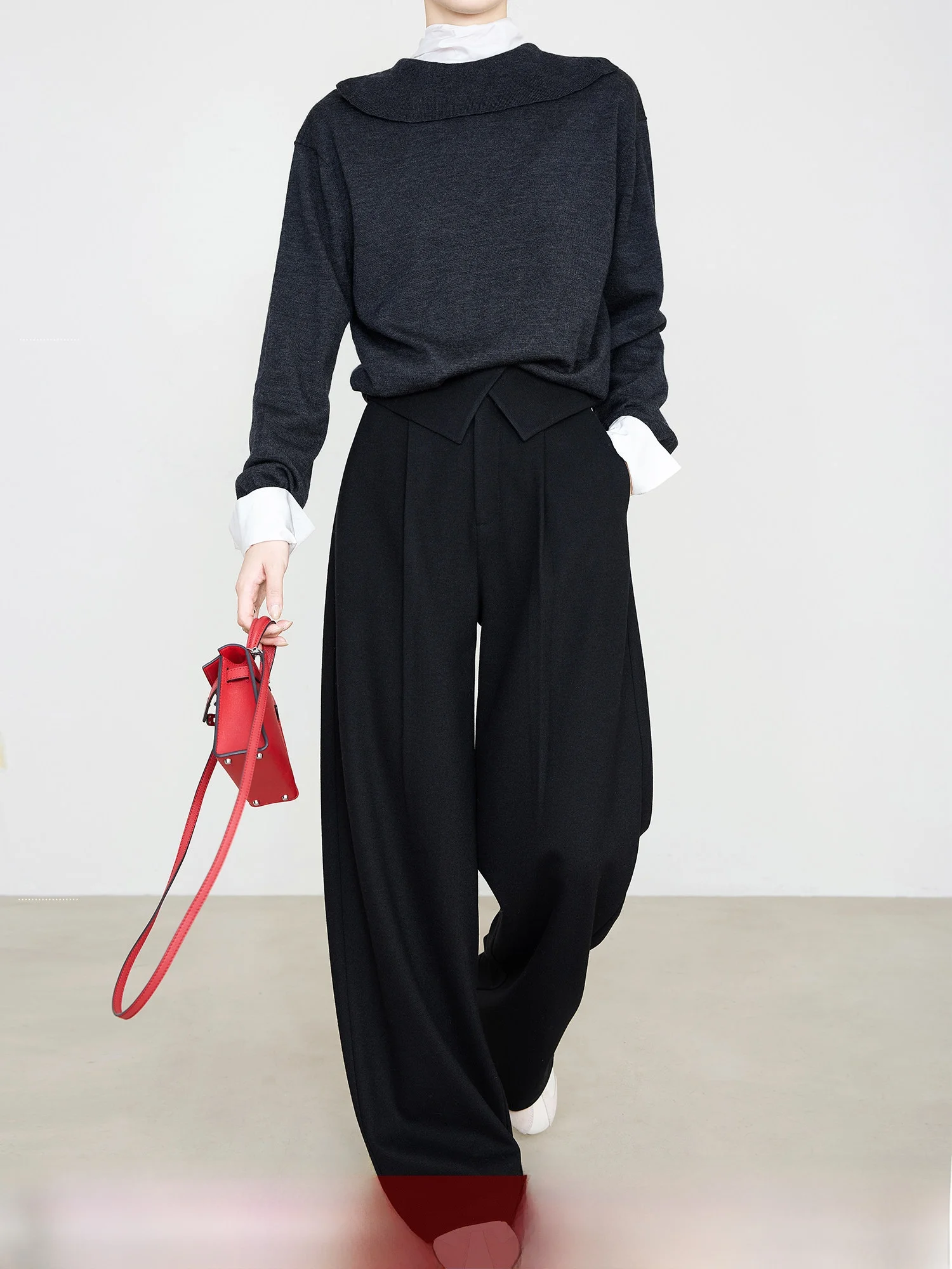 

amoka Australian Wool Straight Leg Pants Winter Faionable Commute Detachable Waist Seal Bla Suit Pants High Waist Wide Leg