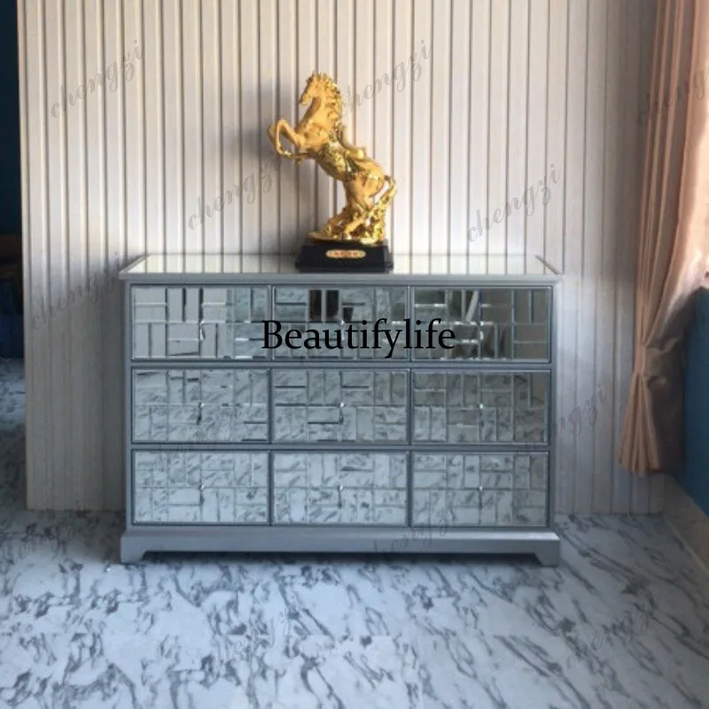Storage cabinet Modern light luxury living room locker Glass side cabinet Mirror nine buckets