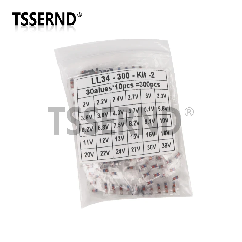 300pcs 1/2W SMD LL34 Zener Diode Assorted Kit 0.5W 2V - 39V 30Values Each 10pcs DIY Sample Set