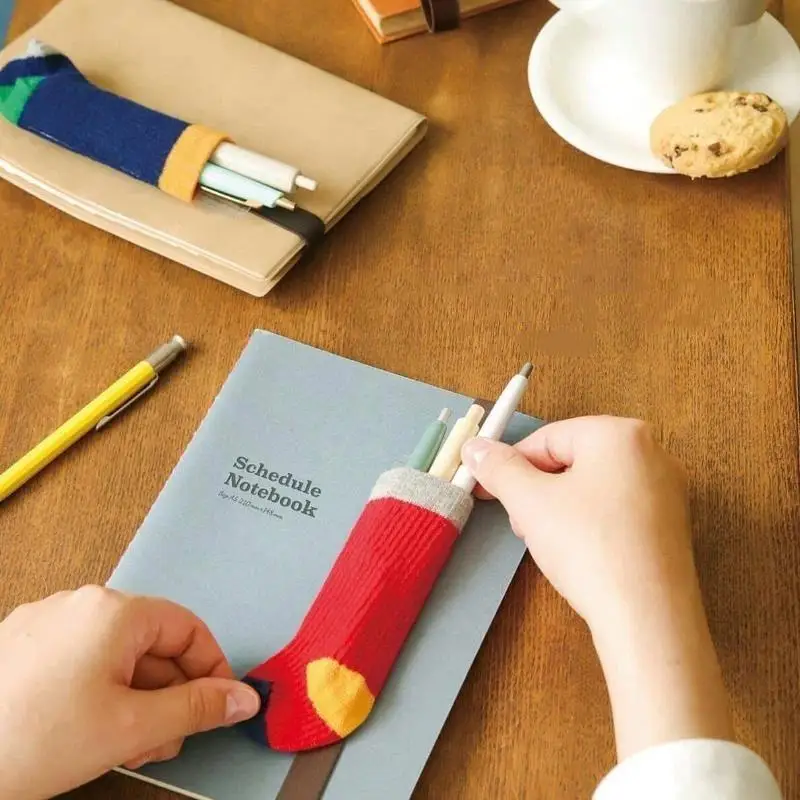 Retro Contrast-Color Sock-Style Pen Holder, Elastic Journal Binding Strap With Ruler, Portable Pen Organizer, Book Band