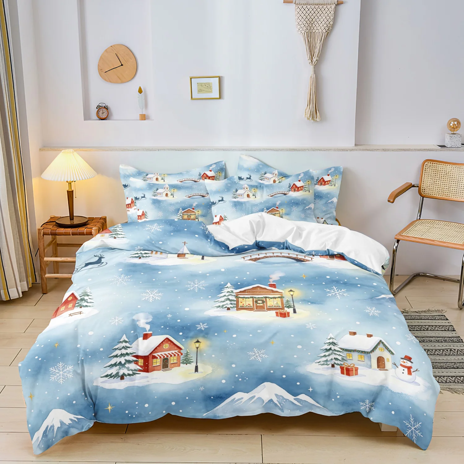 3Pcs Christmas Duvet Cover Set, Blue Winter Snow Cabin Sleigh Snowflake Print Bedding, For Family Bedrooms Dormitories Hotels