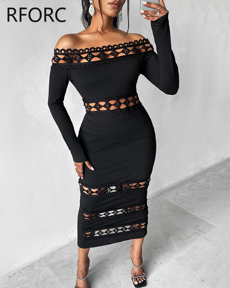 2024 Women Solid Hook Flower Hollow Long Sleeves Slash Neck Midi Bodycon Formal Party Black Dress