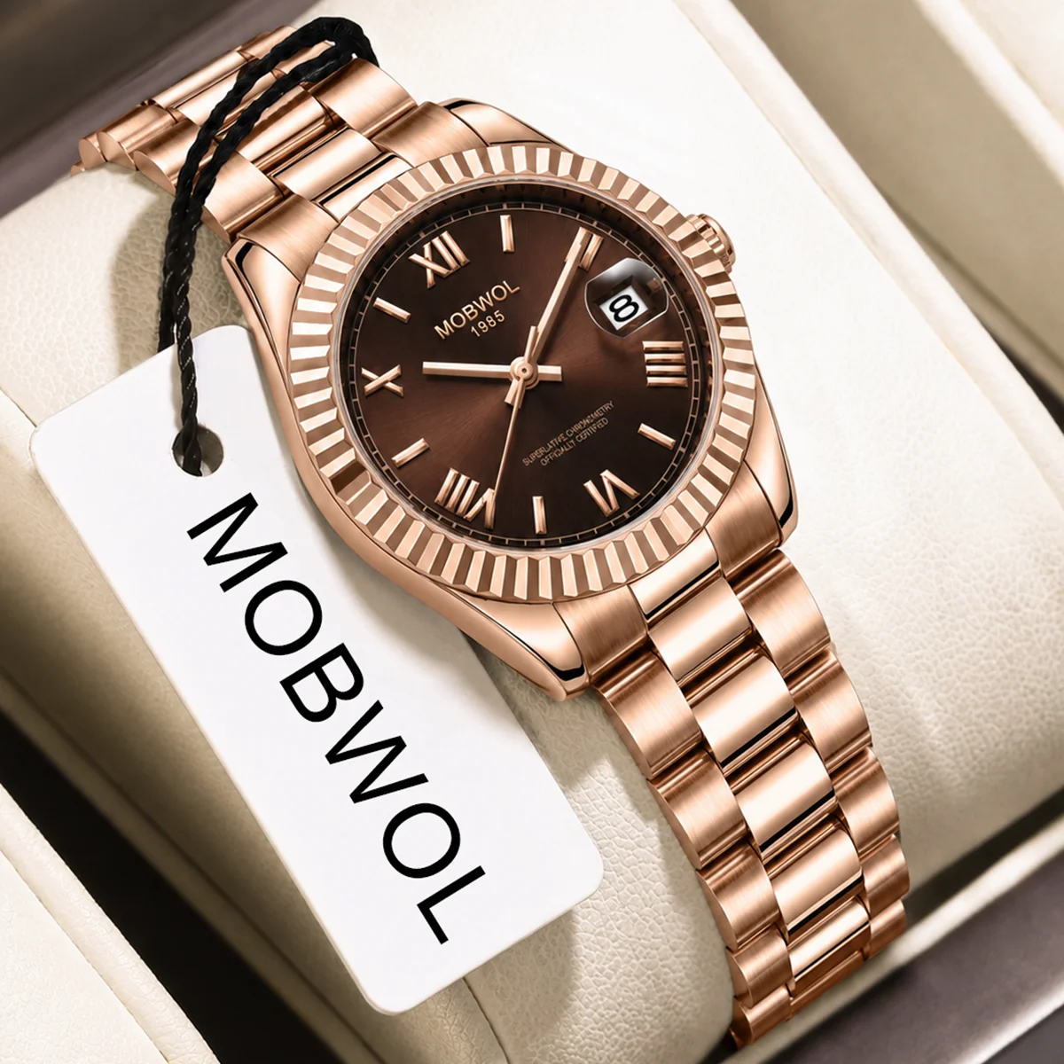 MOBWOL 2026 Women's Wristwatch Luxury Rose Gold Stainless Steel Watch Roman Numeral Dial with Date Window Ideal Gift for Women
