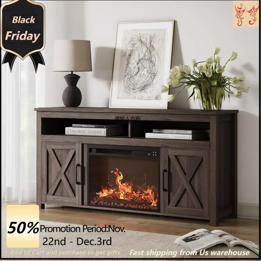 

Wood electric fireplace TV cabinet for TV open shelves up to 65" and cabinets for media entertainment center console tables