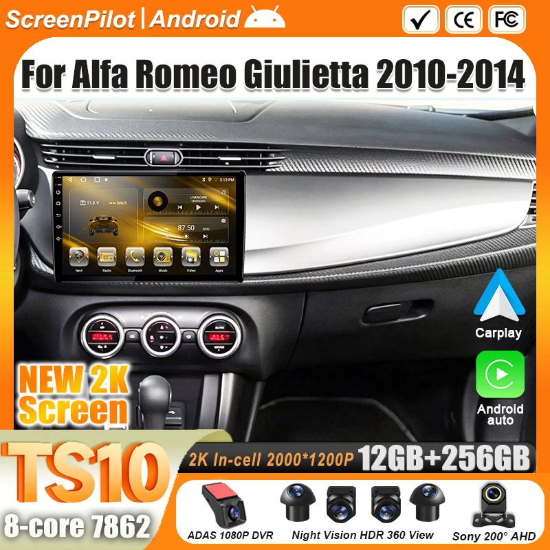 Android 16 For Alfa Romeo Giulietta 2010-2014 Car Radio Stereo Head Unit Multimedia Video Player GPS Navigation 2K QLED 8 Core