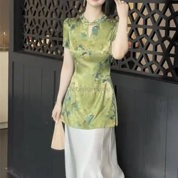 Summer Chinese Style Improved Women Cheongsam Blouse Green Printing Short Sleeve Shirt Casual Daily Lady Stand Collar Top