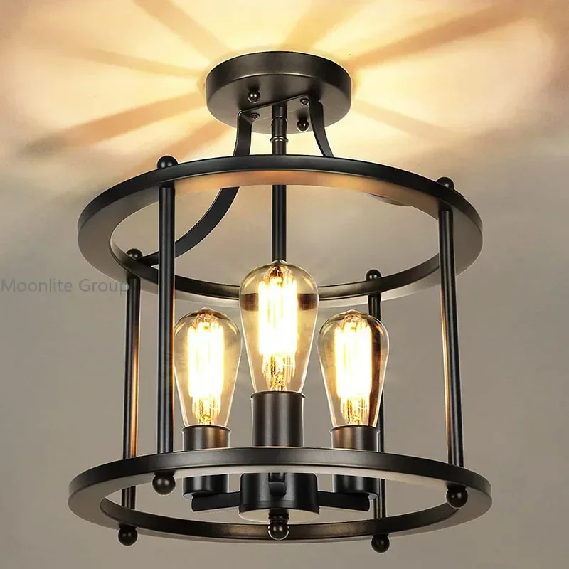 

American Wrought Iron Ceiling Retro Black Industrial Three Head Chandelier Dining Room Bedroom Chandelier Led Ceiling Light
