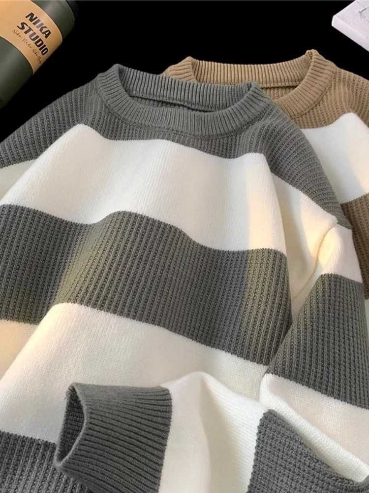 

Men's round Ne Long Sve Knitted Sweater Striped Base Layer Casual Winter Faion Brand Jaet Soft Comfortable Loose Fit