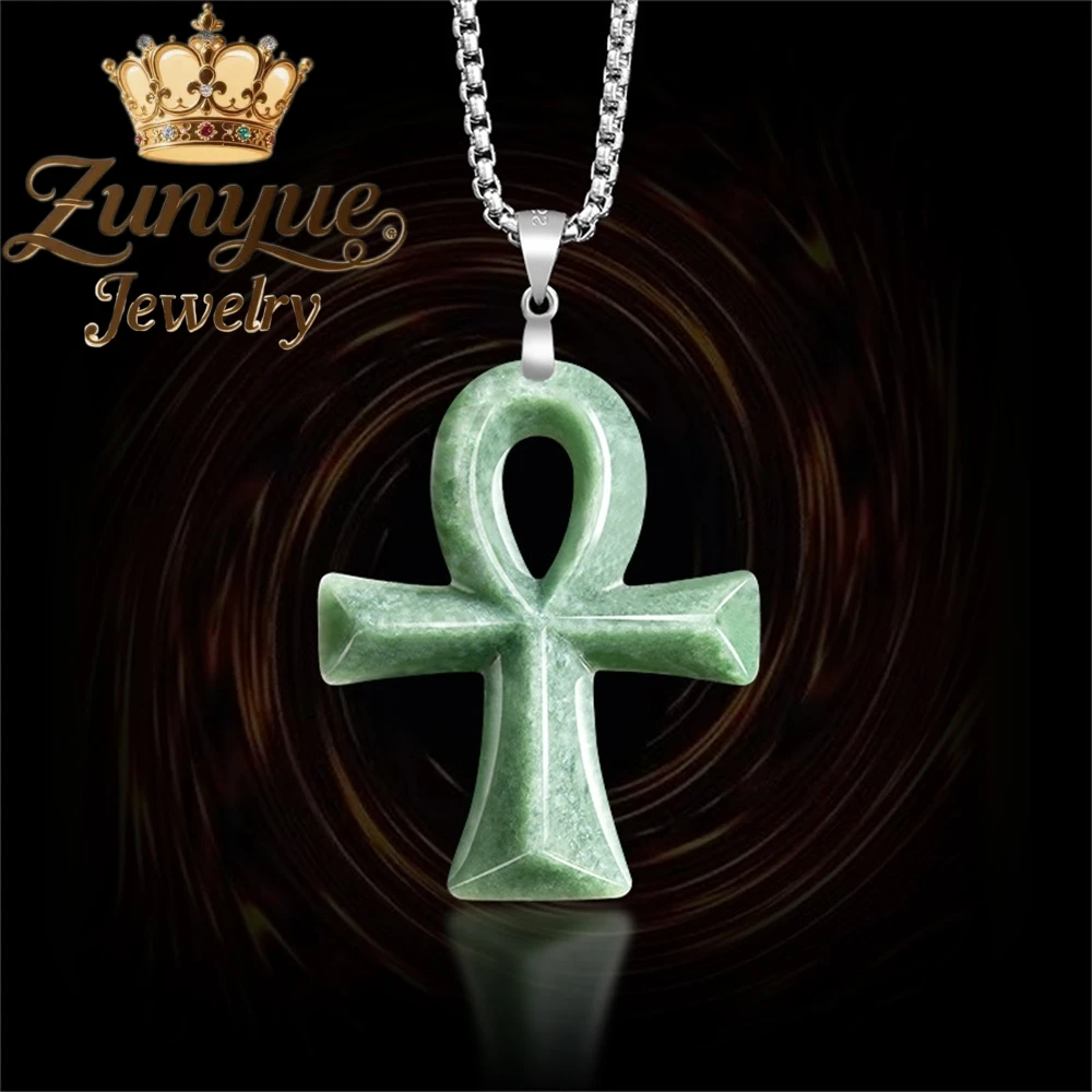 

Natural A-grade Jade Bean Green Ancient Egyptian Anca Cross S925 Silver Pendant For Safety And Good Luck A Perfect Gift Amulets