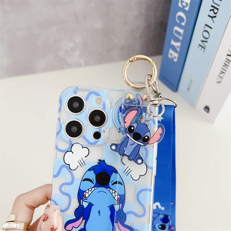 Cute Cartoon Stitch Couple Phone Case With Clear Strap Lanyard For iPhone 16 15 14 13 12 mini 11 Pro Max Plus Shockproof Cover