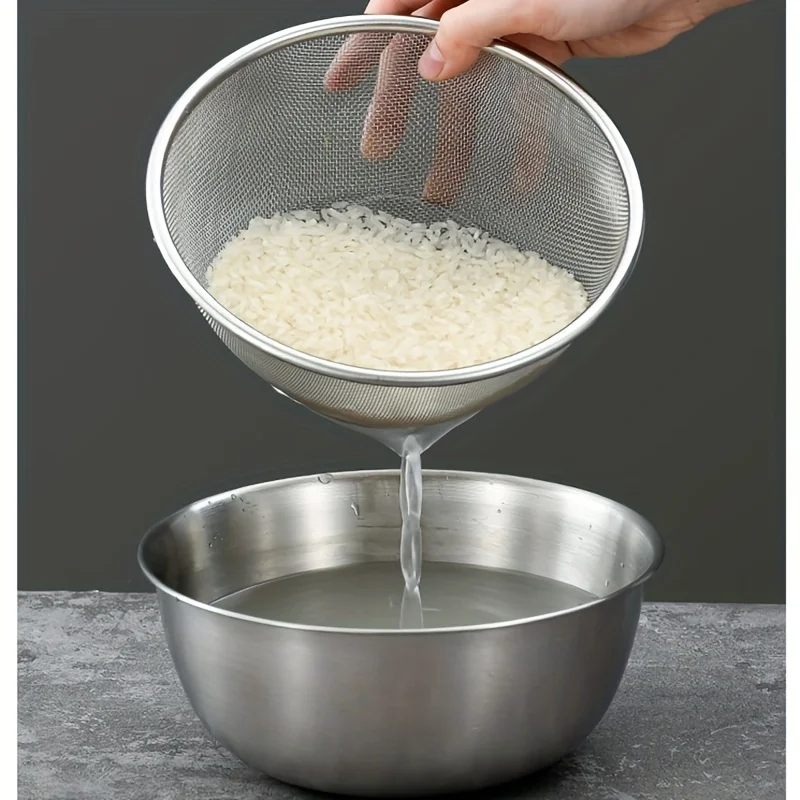 2pcsStainless steel drain basket，Household kitchen rice washing sieve，Thickened fine-mesh strainer，Vegetable washing, rice rinsi