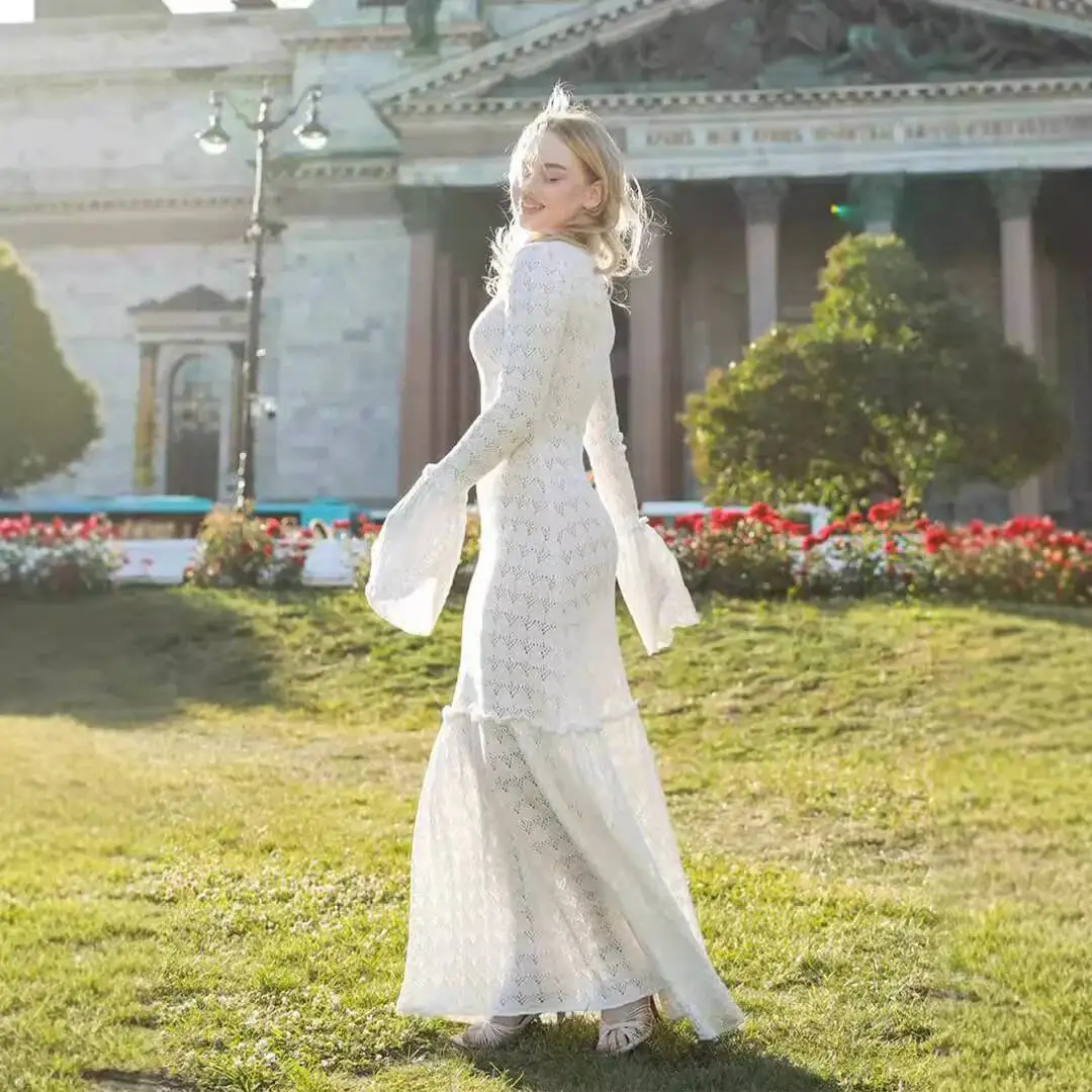 فستان طويل مثير مفرغ المرقعة كشكش شير الروسية محبوك فستان Kpop sexys 2025 فستان صيفي رداء Vestido المرأة أنيقة #2