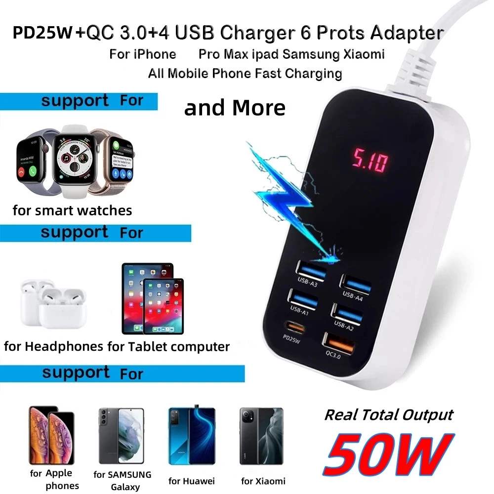 Real 50W 6-Ports USB Quick Charger PD QC 3.0 Fast Charging Display Type-C EU UK US 1.5M Desktop Power Adapter For Iphone Samsung