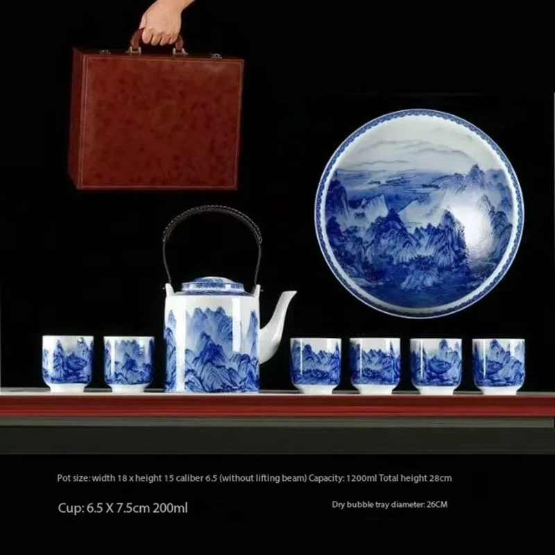 New Jingdezhen Blue and White Porcelain Tea Set, Large Ceramic Beam Teapot Set