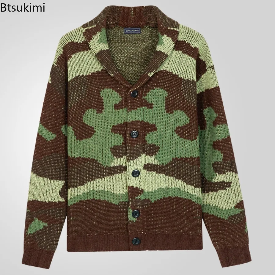 

2025 Men's Vintage Camouflage Jacquard Sweaters Autumn Winter Lapel Knitted Sweater Coats Men Streetwear Casual Cardigan Jackets