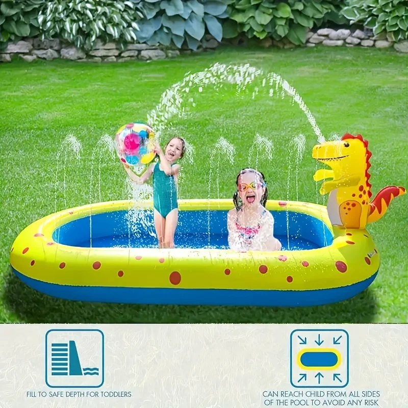 1 cute dinosaur inflatable children's fountain - Three in one backyard splash mat with sprinkler - Outdoor water toy for swimmin