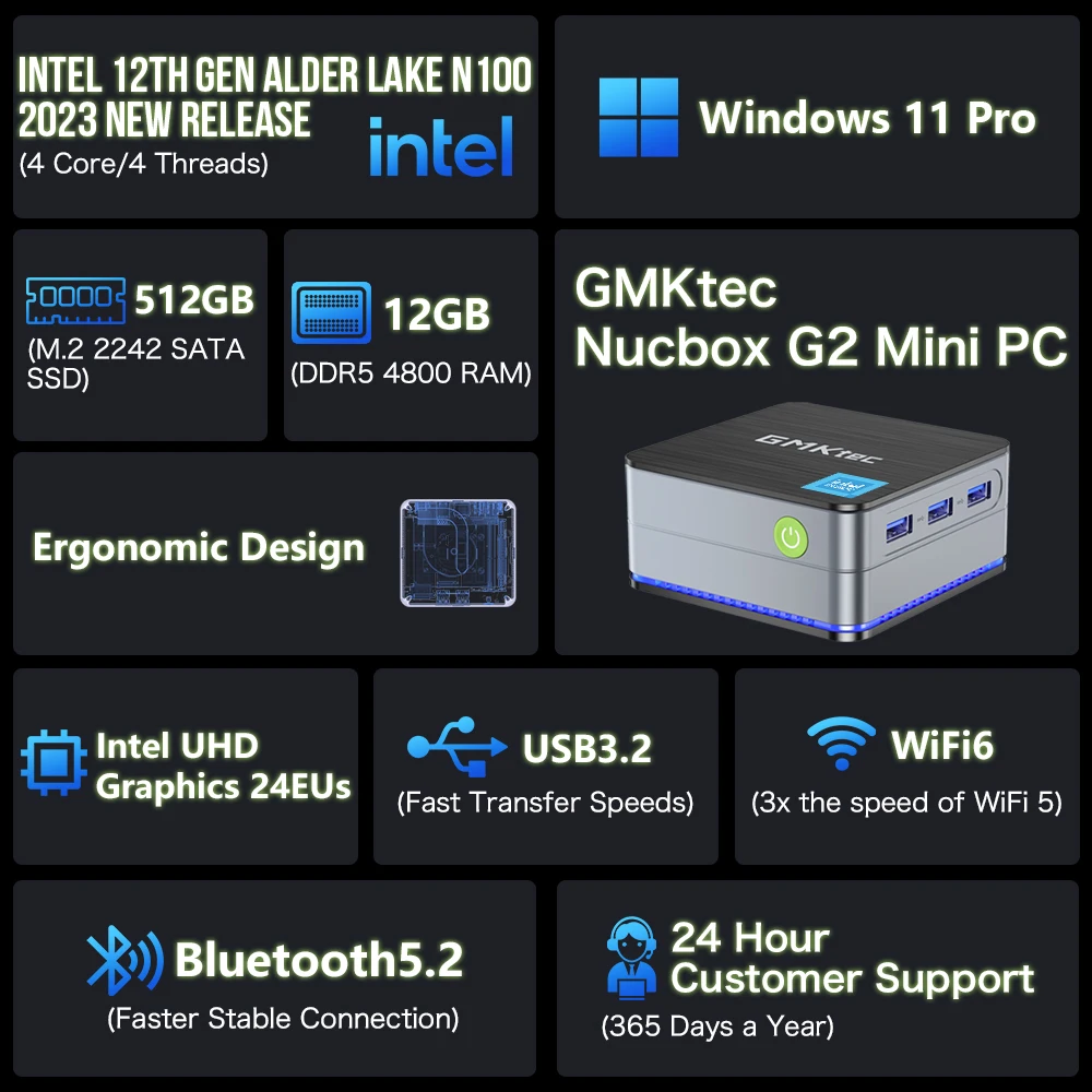 كمبيوتر GMKtec G2 Mini Windows 11 Pro Intel 12th Gen Alder Lake N100 Mini PC DDR5 12GB RAM 512GB ROM WiFi 6 BT5.2 كمبيوتر مكتبي