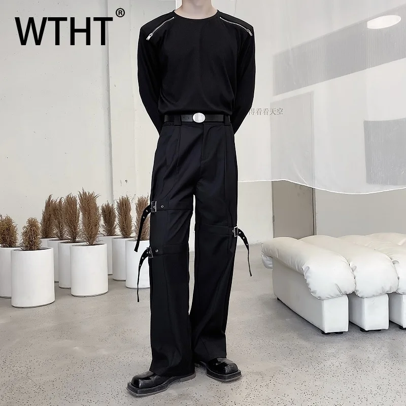 

WTHT модные мужские однотонные повязки сращенные металлические брюки модные брюки в американском стиле High Street 2A2089 мужские брюки осень 2023 г.