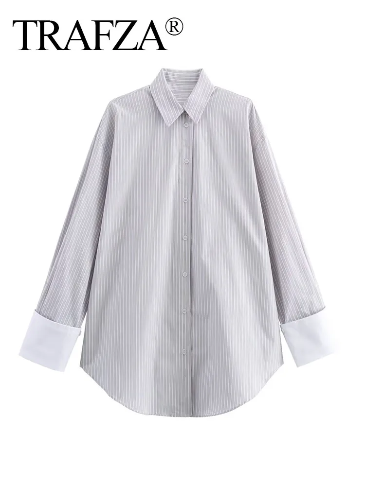 TRAFZA Blouse For Female Poplin Detachable Cuff Striped Turn-Down Collar Long-sleeved Summer Woman Single-breasted Top Mujer