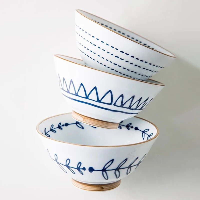 Hand-Printed Under-Glazed Ceramic Tableware, Japanese Creative Anti-scald Soup Bowl, High-foot Nordic, Rice Bowl, 5 in