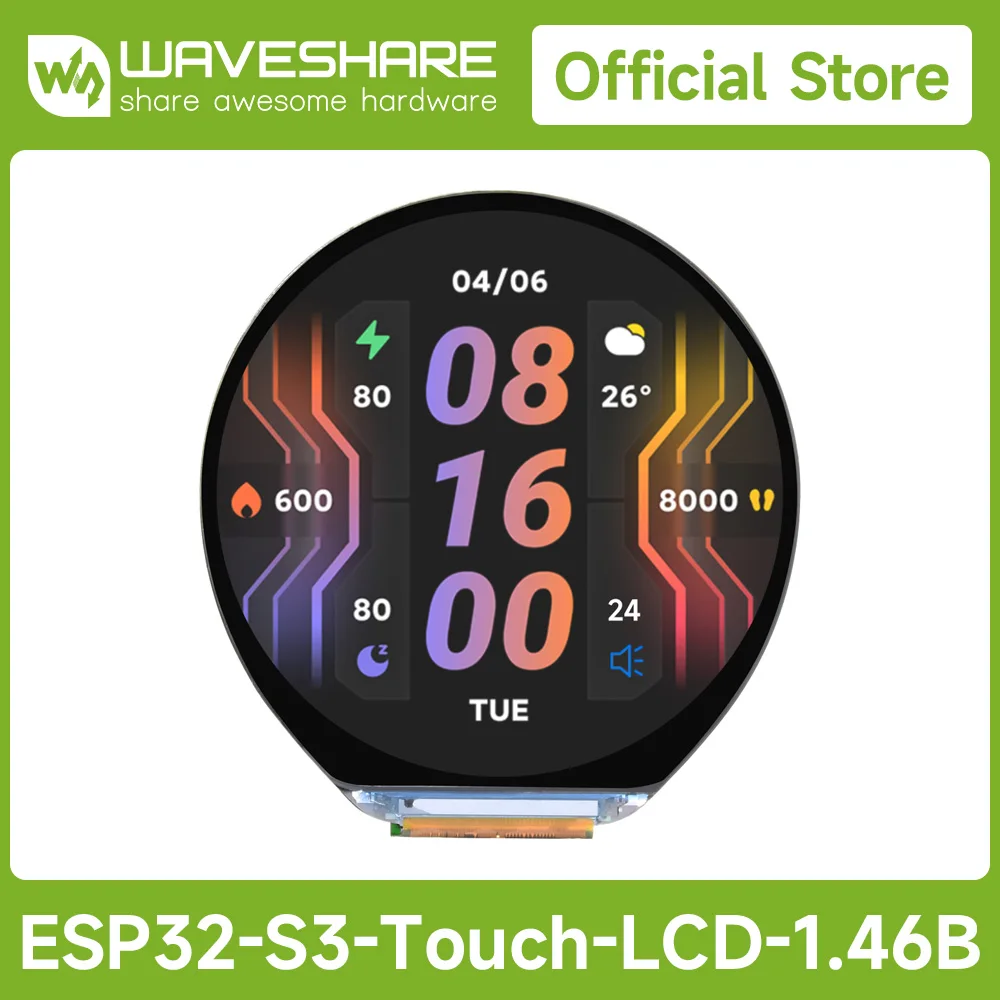 Waveshare ESP32-S3 1.46inch Round Display Development Board 412×412, Supports WiFi&Bluetooth, Accelerometer And Gyroscope Sensor