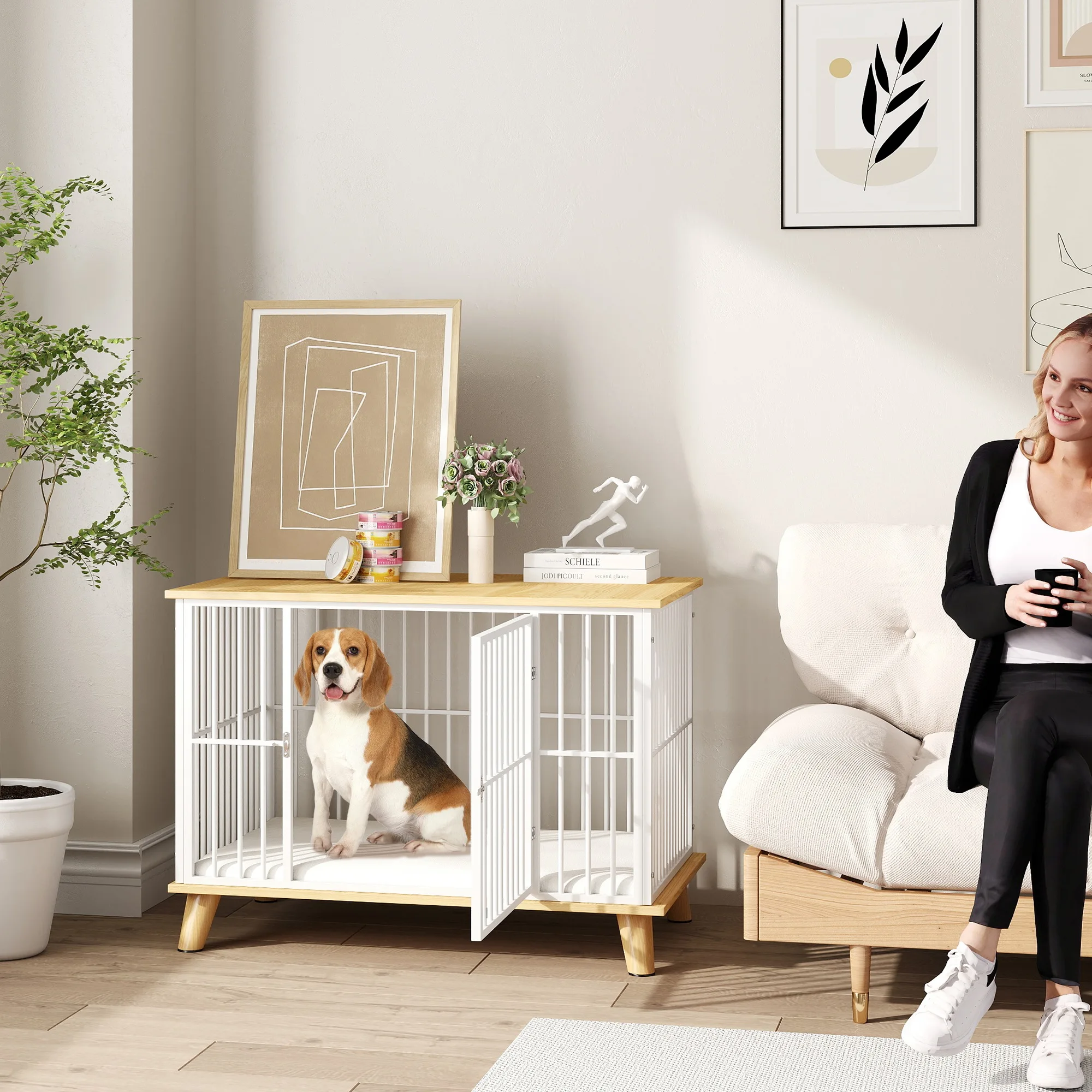 PawHut gabbia per cani con cuscino per porta scatola per cani in acciaio per la casa casa per cani da interno per cani sotto i 15 kg bianco + rovere