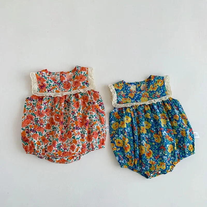 

Korea Style Newborn Baby Girl Romper Lace Sleeveless O-Neck Flower Bodysuit Loose Cotton One-Pieces Outfits Summer Clothes 0-24M