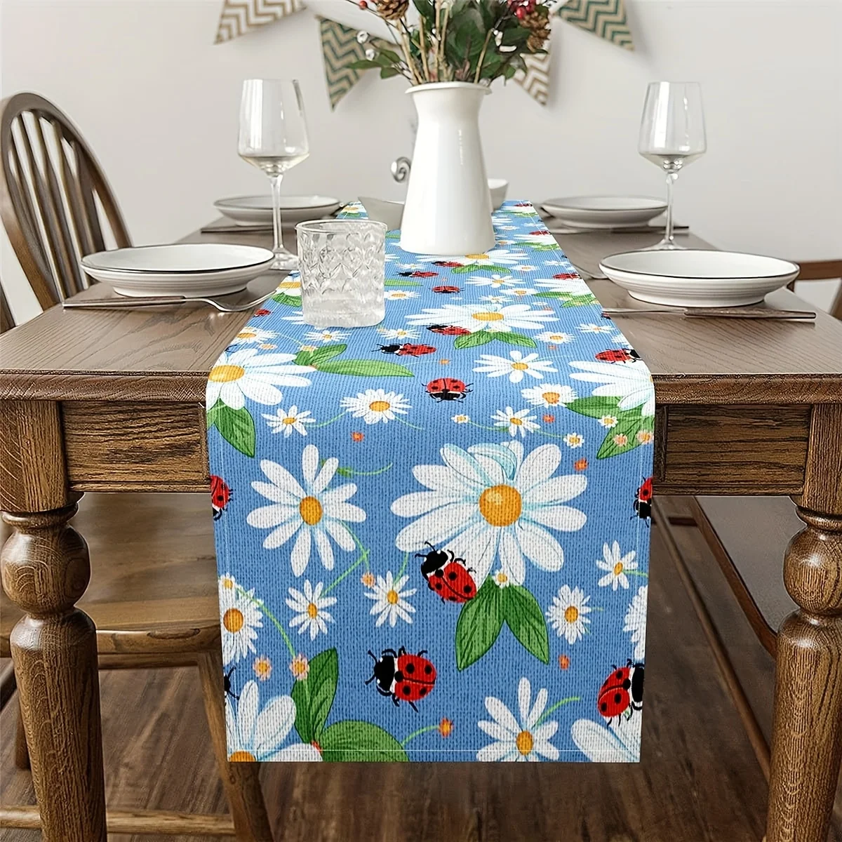 1 Piece of White Sunflower Cartoon Ladybug Cute Table Runner, Suitable for Farmhouse, Indoor, Kitchen, Celebrations, Table Decoration, Restaurant, and Banquet Decoration Supplies