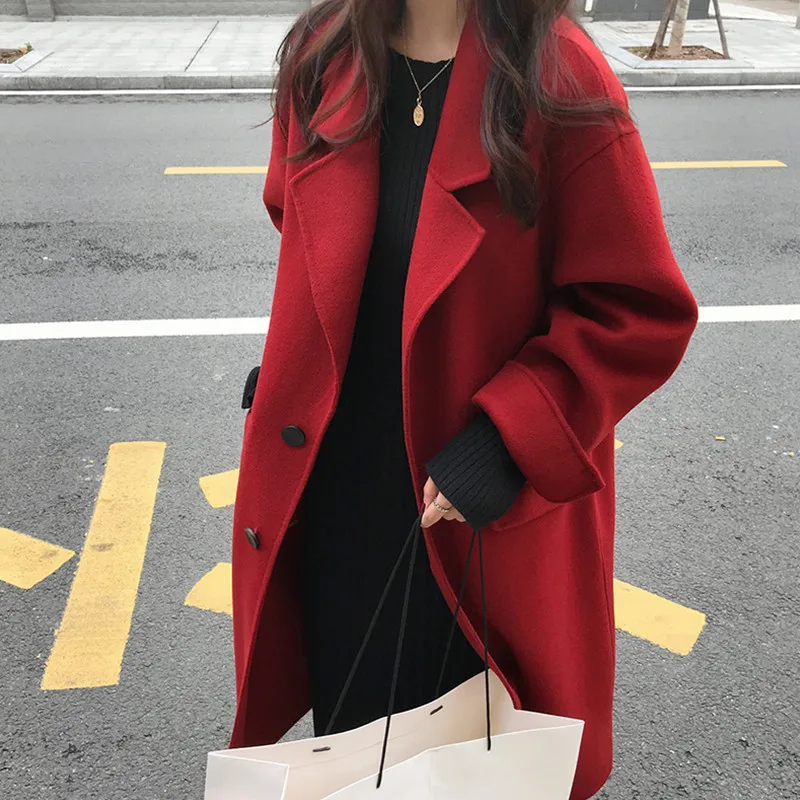 2023 New Women Fashion Hepburn Wind Long Over The Knee Woolen Coat Winter Female Loose Temperament Warm Casual All Match Outwear