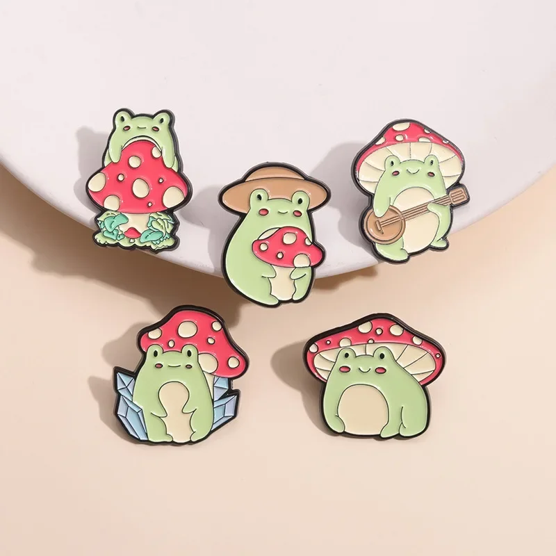 5 Pcs Cute Frog Mushroom Pins for Clothes Animal Jacket Hat Brooch Backpack Accessories