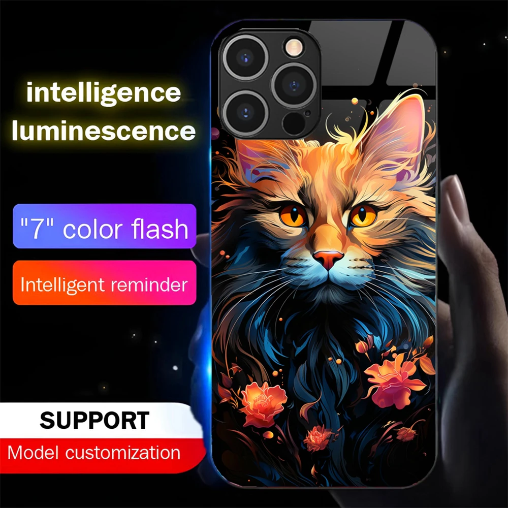 

Lovely Cat Animal Design Smart LED Light Glow Tempered Glass Phone Case For iPhone Air 17 16 E 15 14 13 12 11 Pro Max Plus