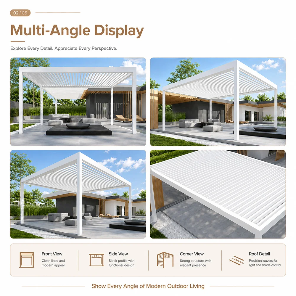 Luxury Aluminum Motorized Pergola Bioclimatic Louvered Roof Gazebo Waterproof Outdoor Garden Swimming Pool Modern Design 6063 T