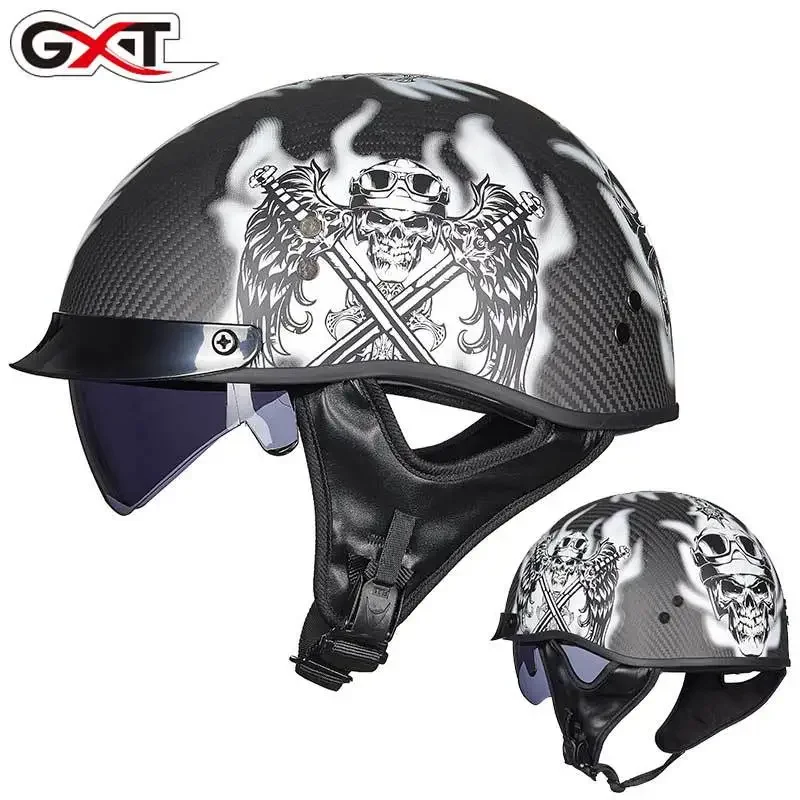 GXT Carbon Fiber Motorcycle Helmet Half Helmet 4 Seasons Retro Helmet Retro Electric Car Men Women helm motorcycle