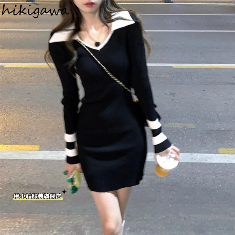 2024 Vestidos De Mujer Knitted Dresses for Women V-neck Long Sleeve Tunic Korean Robe Femme Casual Fashion Bodycon Dress 7o854