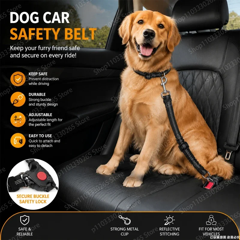 Universal Non-Elastic Dog Vehicle Seat Belt, Durable Reflective Strap, Secure Buckle for All Breeds Pet Car Safety Use