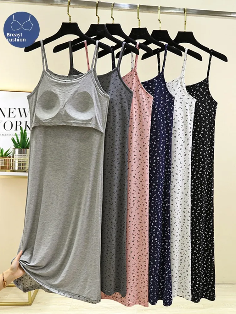 Spódnica midi na ramiączkach z modalu w kwiatowy wzór, damska bielizna, odzież domowa plus size, efekt wyszczuplający, krój A-line, chińska marka.