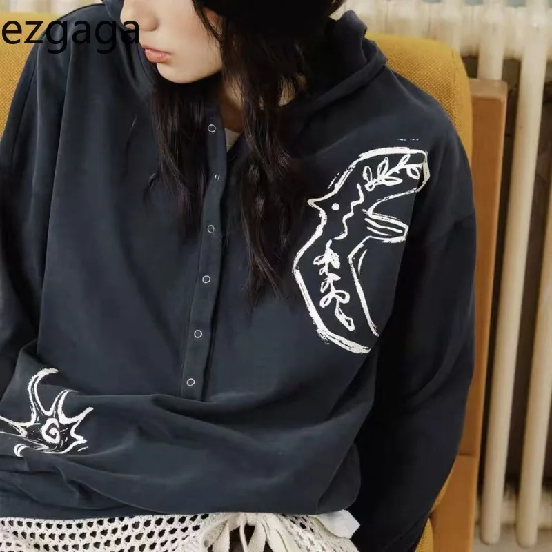 

Ezgaga женские толстовки с принтом винтажные пуговицы с v-образным вырезом осенняя мода свободные Y2k эстетические толстовки в стиле Харадзюку женские повседневные