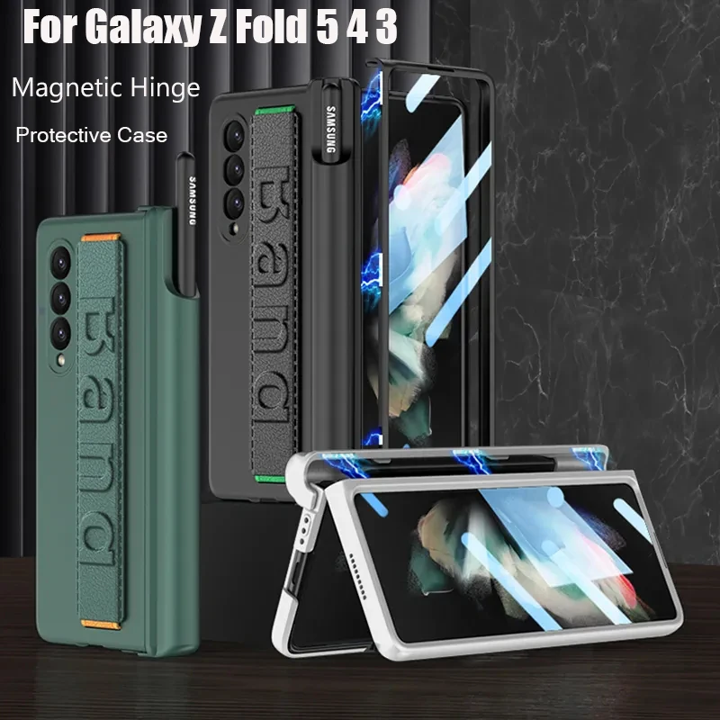 

Magnetic Hinge Wrist Strap Pen Slot Phone Case For Samsung Galaxy Z Fold 5 6 4 3 Fold6 5G With Screen Glass Pen Slot Hard Case