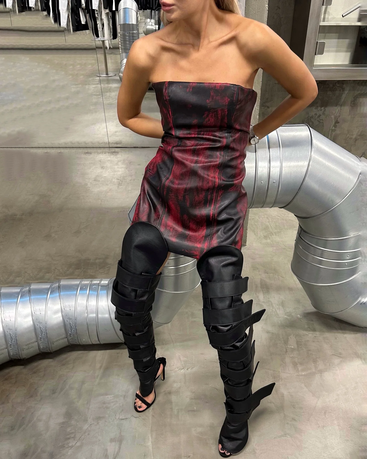 Black Buckle Women Over Knee Boots Sexy Punk Style Belt Buckle 10/12cm High Heel Sandals Over The Knee Boots Size 44