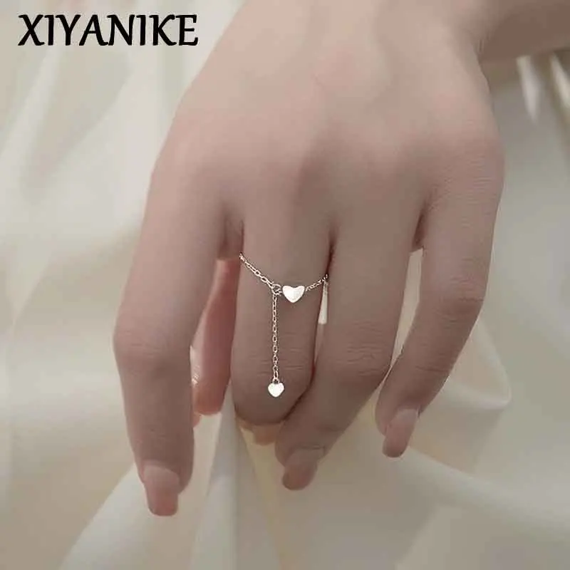 XIYANIKE Color plata diseño único amor corazón colgante cadena anillo elegante encanto dedo índice regalo para mujeres ajustable