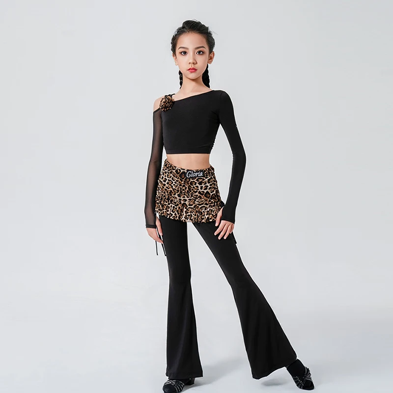 2024 New Girls Latin Dance Dress Children Autumn Off Shoulder Top Skirt Trumpet Pants Set Training Practice Uniform XH829